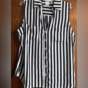 New York & Company Navy and White Vertical Stripe Sleeveless Button-Down